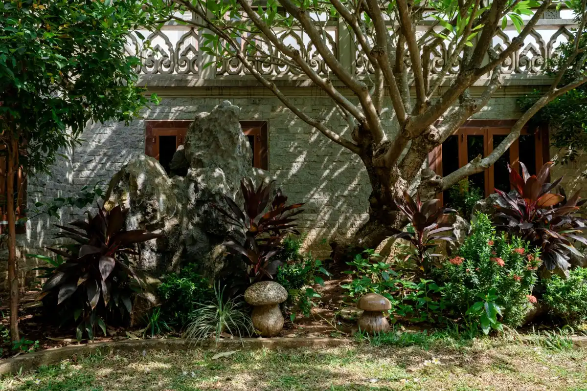 Maison en pierre entourée de verdure dans un secteur boisé